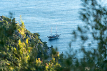 Obraz na płótnie Canvas Beautiful sea view with sailing boat yacht, Skopelos, Greece. Yachting, travel concept