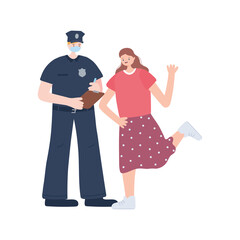 thank you essential workers, policeman wearing mask and happy girl, coronavirus covid 19 disease