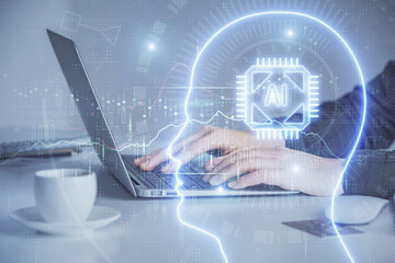 Multi exposure of woman hands working on computer and human brain hologram drawing. Ai tech concept.