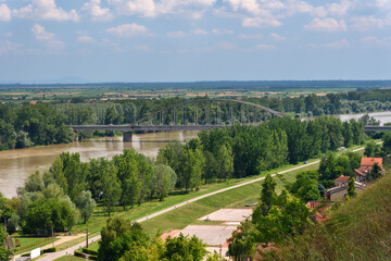 Titel, Serbia - June 25, 2020: The river Tisa and the coast of the city of Titel. Photographed from Calvary, from the Titel plateau.