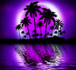 Fototapeta na wymiar Abstract modern futuristic dark landscape with tropical palm trees, neon lights, rays. Reflection in the water, night view, abstract tropical background. 3d illustration