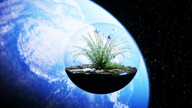 grass in glass sphere in outer space. Ecology concept. 3d rendering.