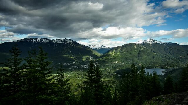 Timelapse of clouds rolling over Whistler Blackcomb mountains in British Columbia, BC. 