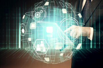 Double exposure of man's hands holding and using a phone and social network theme drawing.