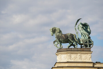 Close up of Millennium Monument on the Heroes' Square. Tourist attraction Budapest, Hungary.