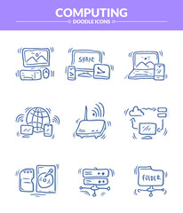 Computing Doodle Icon set, Trendy sketching - hand drawn doodle concept
