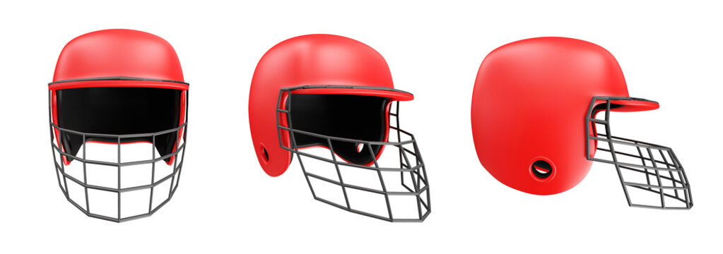 Set of red baseball helmet with extra protection isolated on white background. Sport equipment for baseball game.