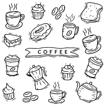 Coffee and Cafe sketching doodle icons set, Trendy and lovely hand drawn style isolated on white background 