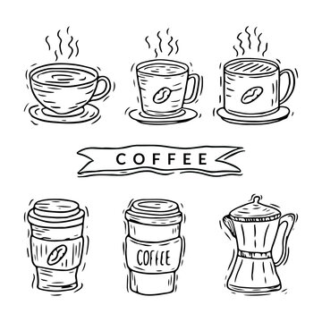 Coffee and Cafe sketching doodle icons set, Trendy and lovely hand drawn style isolated on white background 