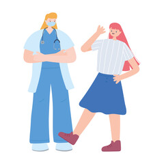 thank you essential workers, female physician with happy girl, wearing face mask, coronavirus covid 19 disease