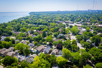 Aerial view of Milwaukee Wisconsin as seen from Whitefish Bay looking south along Lake Michigan