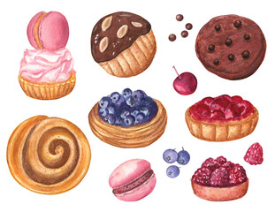 Sweet set of different pastries on a white isolated background. There are cinnamon roll, tartlet with cherries, tartlet with raspberries, shortbread with chocolate glaze and salty peanuts and more! 