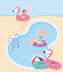 summer time women floating on inflatable in the pool with ball