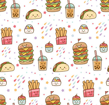 Cartoon Junk Food Kawaii Seamless Pattern 