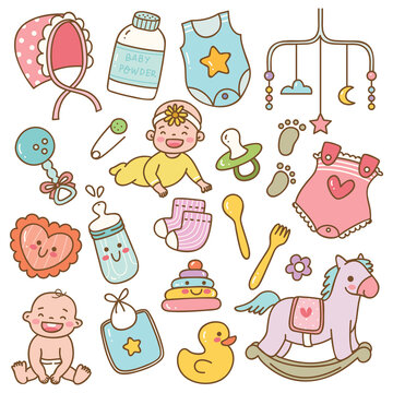 Set of kawaii style baby toys and accessories doodle