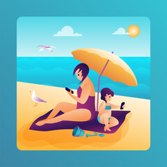 Vector flat illustration. Summer vacation at sea mom and daughter under an umbrella