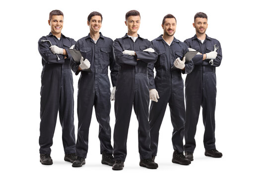 Team Of Five Auto Mechanic Workers In Uniforms