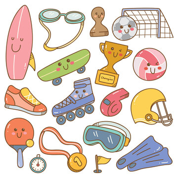 Set of kawaii style sport equipment doodles