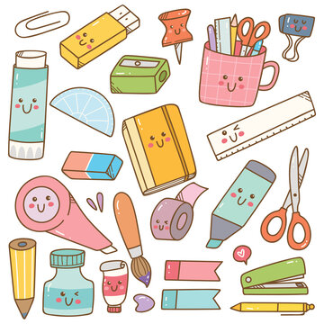 Set of kawaii style stationary doodles