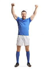 Soccer player in a blue top and white shorts gesturing happiness