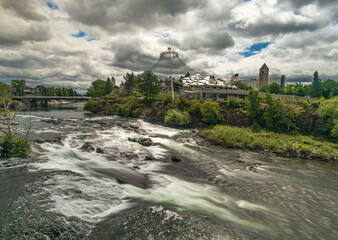 Spokane Riverpark Pavilion with river and clouds