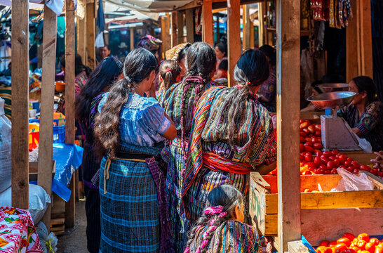 Maya indigenous people on the local market of Solola near the Atitlan Lake, Panajachel, Guatemala.