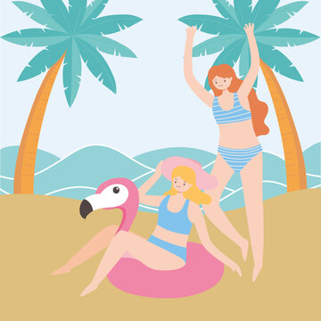 summer time vacation tourism young women with flamingo float in the beach