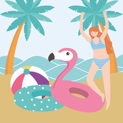 summer time happy woman with floats and ball sand beach vacation tourism