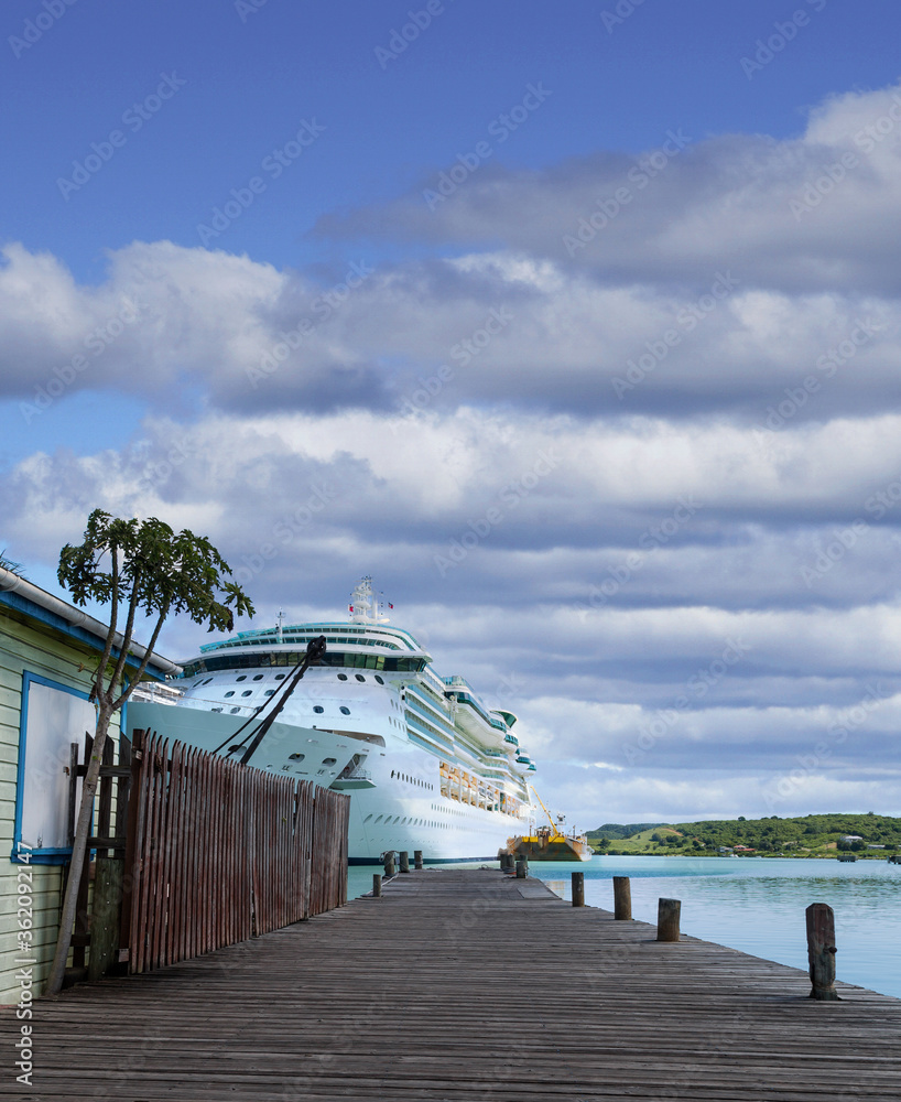 Poster cruise ship down pier with palm tree