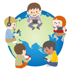 世界中でオンラインでゲームをする子供たち