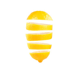 Slices lemon flying in the air isolated on white background