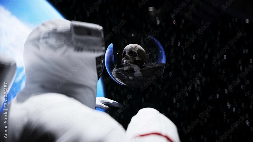 Canvas Prints astronaut and human skull in outer space in glass sphere. apocalypse concept. 3d rendering.