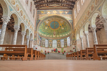 RAVENNA, ITALY - JANUARY 29, 2020: The nave of church Basilica of Sant Apollinare in Classe from...
