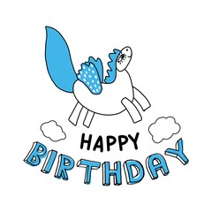 Birthday. The inscription with a white horse and clouds.
