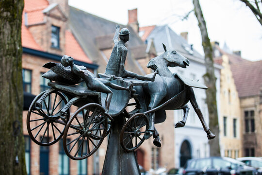 BRUGES, BELGIUM - MARCH, 2018: Statue Zeus, Leda, Prometheus and Pegasus visit Bruges donated by Jef Claerhout in honor to the city&rsquo;s coachmen