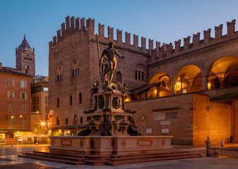 Bologna - Fontana di Nettuno or Neptune fountain on Piazza Maggiore square at the morning dusk designed by Tommaso Laureti (1565).