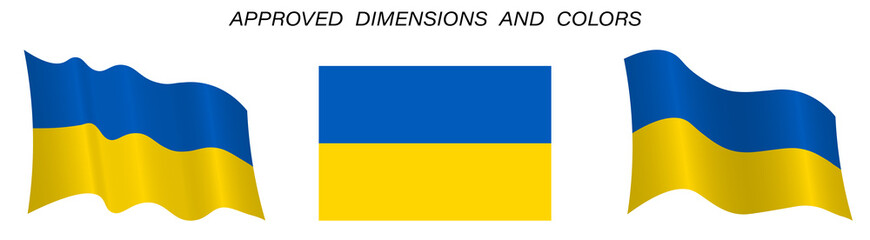 Ukrainian flag in static position and in motion, developing in the wind. Exact sizes and colors on a white background