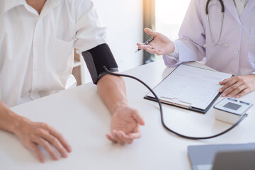 doctor giving consulting and diagnostic to patient and explaining medical information prevention...