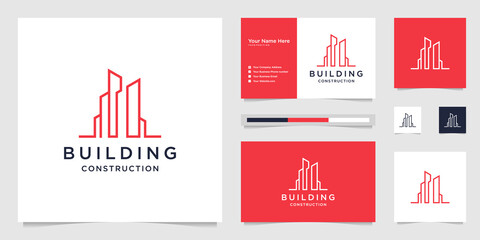 building design logos with lines. construction, apartment, city building and architect. premium logo design and business cards.
