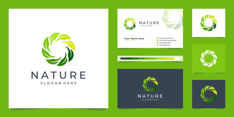 Elegant circle leaf logo design and business card. Can be used for beauty salons, decorations, boutiques, spas, yoga, cosmetic and skin care products.