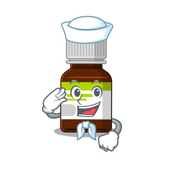 Smiley sailor cartoon character of antibiotic bottle wearing white hat and tie