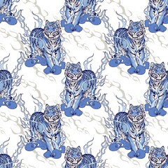 oriental Chinese or Japanese traditional art  Tiger walking on fire design for Porcelain seamless  pattern blue tone with white background