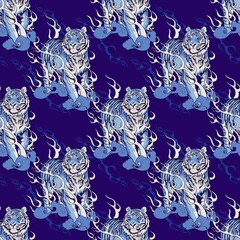 oriental Chinese or Japanese traditional art  Tiger walking on fire design for Porcelain seamless  pattern blue tone with indigo blue background