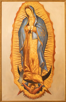 BARCELONA, SPAIN - MARCH 2, 2020: The painting of Virgin Mary of Guadaluppe in the church Santuario Nuestra Senora del Sagrado Corazon by unknown artist.