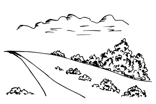 The road to the hill, bushes, tree, clouds, rural landscape, suburb, nature. Simple vector ink drawing.
