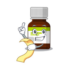 Antibiotic bottle mascot character style with a menu on his hand