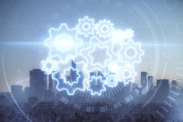 Double exposure of business theme hologram drawing and city veiw background. Concept of success.