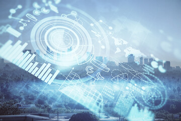 Double exposure of business theme hologram drawing and city veiw background. Concept of success.