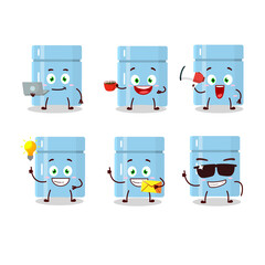 Fridge cartoon character with various types of business emoticons