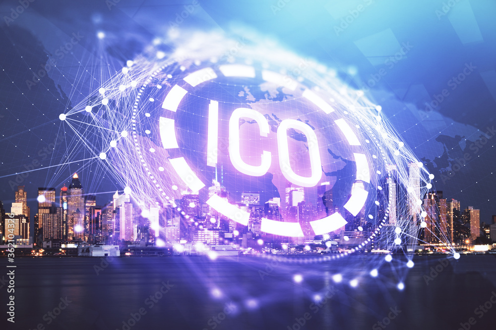 Poster multi exposure of cryptocurrency theme hologram drawing and city veiw background. concept of blockch